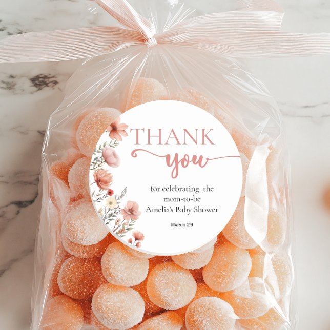 Pegatina Redonda Elegante Rubor Floral Baby in Bloom Gracias (Subido por el creador)