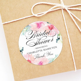 Pegatina Redonda Elegante Rubor Floral Watercolor Bridal Shower