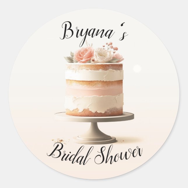 Pegatina Redonda Elegante Rubor Peach Floral Cake Bridal Shower (Anverso)
