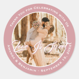 Pegatina Redonda Elegante Rubor Pink Love Is Sweet Boda Photo