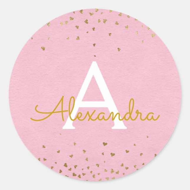 Pegatina Redonda Elegante Rubor Pink - Monograma Confetti Relieve m (Anverso)