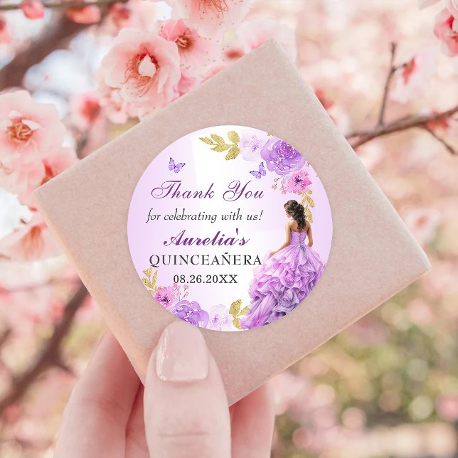 Pegatina Redonda Elegante Rubor Purple Floral Quinceanera Cumpleaño (Subido por el creador)