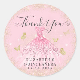 Pegatina Redonda Elegante Rubor Rosa Gold Gown Quinceañera Gracias