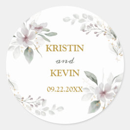 Pegatina Redonda Elegante Rustic Dusty Flores blancas acuarela Gold