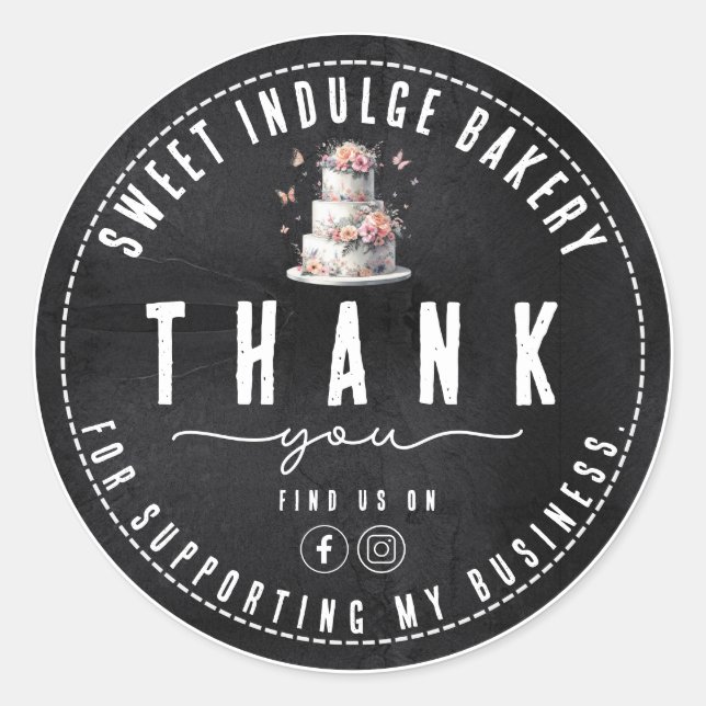 Pegatina Redonda Elegante Rústica Panadería Blanca Negra Gracias (Anverso)