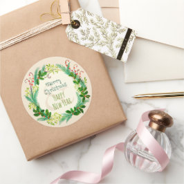 Pegatina Redonda Elegante Rústico Cálido Vintage Verde Feliz Navida