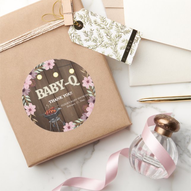 Pegatina Redonda Elegante Rústico Floral Baby-Q Grill Baby Shower (Regalar)