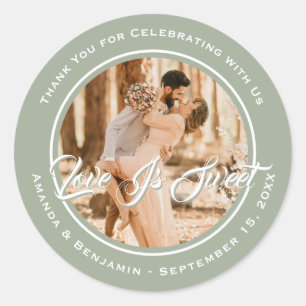 Pegatina Redonda Elegante Sage Green Love Is Sweet Boda Photo