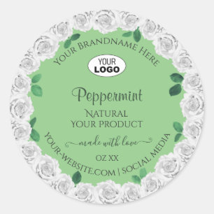 Pegatina Redonda Elegante Sage Green Product Labs White Roses Logo