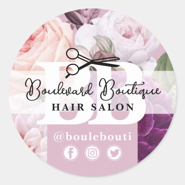 Pegatina Redonda Elegante Salón De Pelo Floral Dusty Mauve Elegante (Anverso)