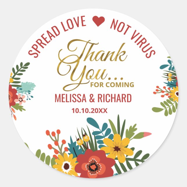 Pegatina Redonda Elegante Sanitizer Floral Boda Gold Gracias (Anverso)