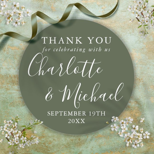 Pegatina Redonda Elegante Script de Agradecimiento en Verde Oliva (Elegant Olive Green Signature Script Thank You Classic Round Sticker)