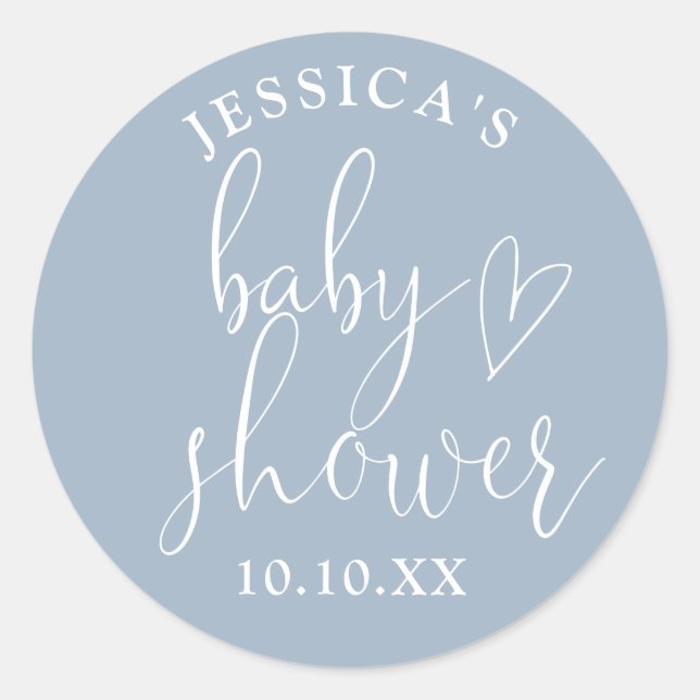 Pegatina Redonda Elegante Script Dusty Blue Baby Shower Favor (Anverso)