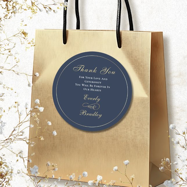 Pegatina Redonda Elegante Script en oro blanco con fondo navy minim (Subido por el creador)