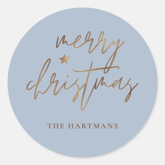 Pegatina Redonda Elegante Script Feliz Navidad Estrella Dorada Azul (Anverso)