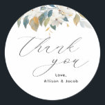 Pegatina Redonda Elegante Script Floral Boda Gracias<br><div class="desc">Elegante Boda Floral Blanco Gracias Pegatina redondo clásico</div>