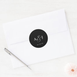 Pegatina Redonda Elegante Script Monograma Formal Boda Negro