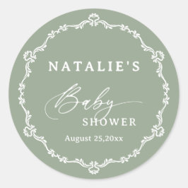 Pegatina Redonda Elegante Script Sage Green Baby Shower