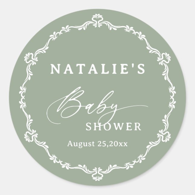 Pegatina Redonda Elegante Script Sage Green Baby Shower (Anverso)