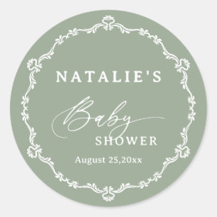 Pegatina Redonda Elegante Script Sage Green Baby Shower