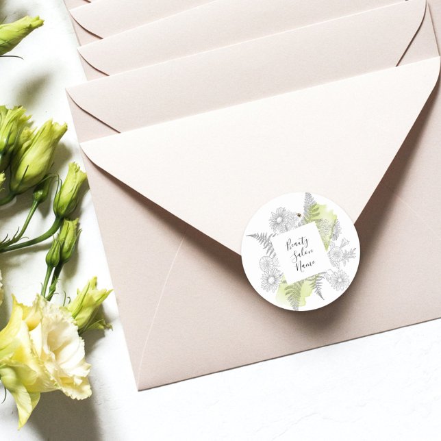 Pegatina Redonda Elegante Sencillo Floral Negro Y Blanco (Subido por el creador)