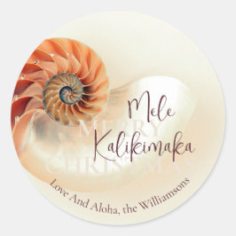 Pegatina Redonda Elegante Shell Mele Kalikimaka | Saludos