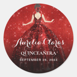 Pegatina Redonda Elegante Sparkling Red Princess Vestido Cumpleaños