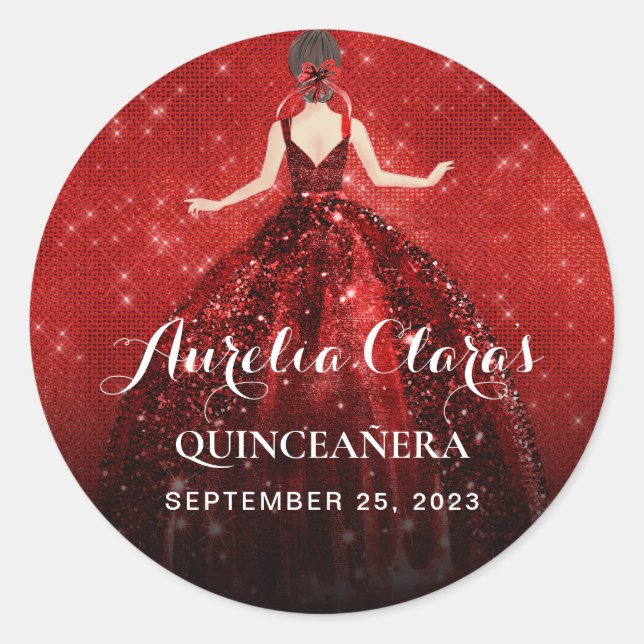 Pegatina Redonda Elegante Sparkling Red Princess Vestido Cumpleaños (Anverso)