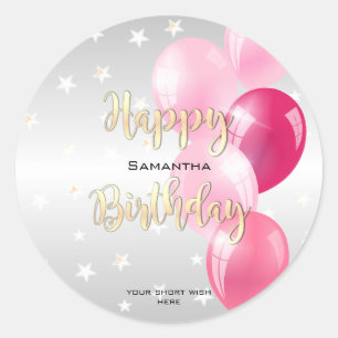 Pegatina Redonda Elegante Starry Happy Birday and Pink Balloons