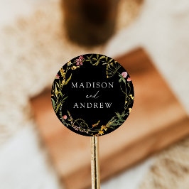 Pegatina Redonda Elegante Summer Wildflower Wreath Boda negro