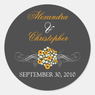 Pegatina Redonda Elegante Sunflower Daisy Bouquet Bride & Groom