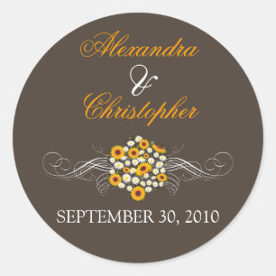 Pegatina Redonda Elegante Sunflower Daisy Bouquet Bride & Groom
