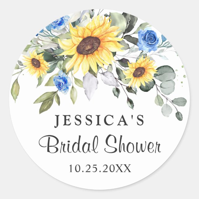 Pegatina Redonda Elegante Sunflowers Eucalyptus Bridal Shower (Anverso)