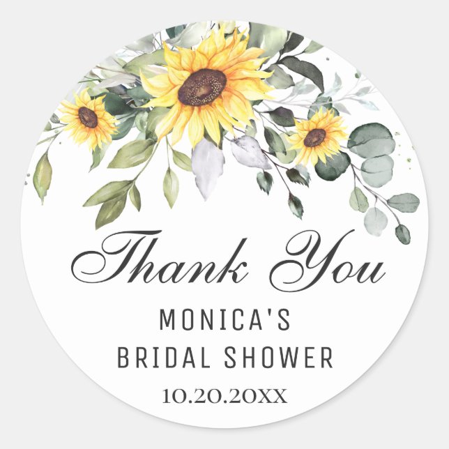 Pegatina Redonda Elegante Sunflowers Eucalyptus Bridal Shower (Anverso)
