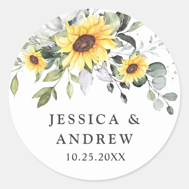 Pegatina Redonda Elegante Sunflowers Eucalyptus Watercolor Boda (Anverso)