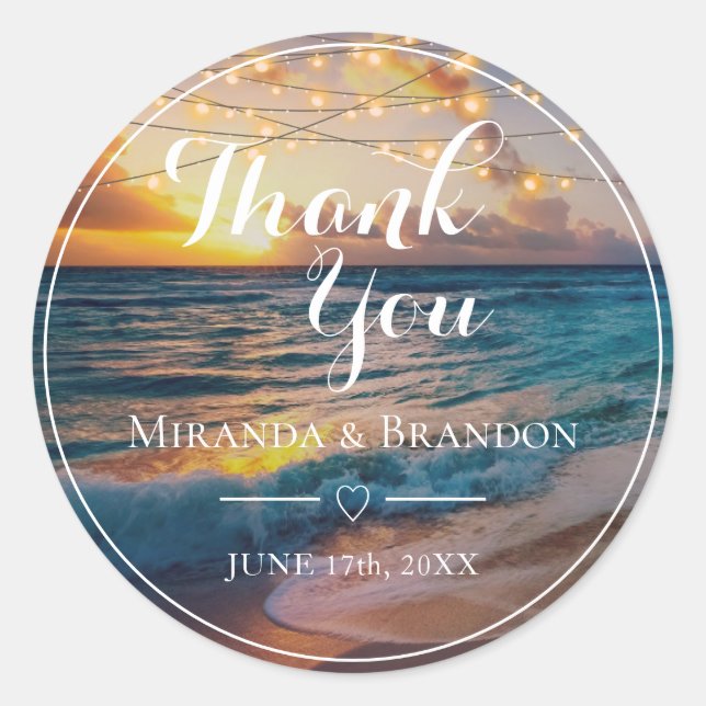 Pegatina Redonda Elegante Sunset Beach Summer Boda Gracias Clas (Anverso)