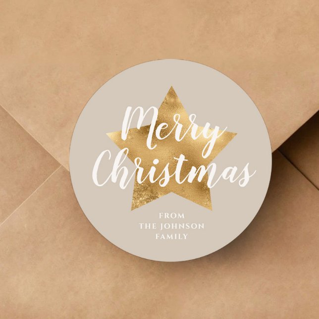 Pegatina Redonda Elegante Taupe Beige Faux Gold Star Feliz Navidad (Elegant Taupe Beige Faux Gold Star Merry Christmas Classic Round Sticker)