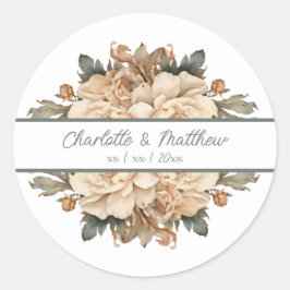 Pegatina Redonda Elegante Taupe Con Boda Floral Verde