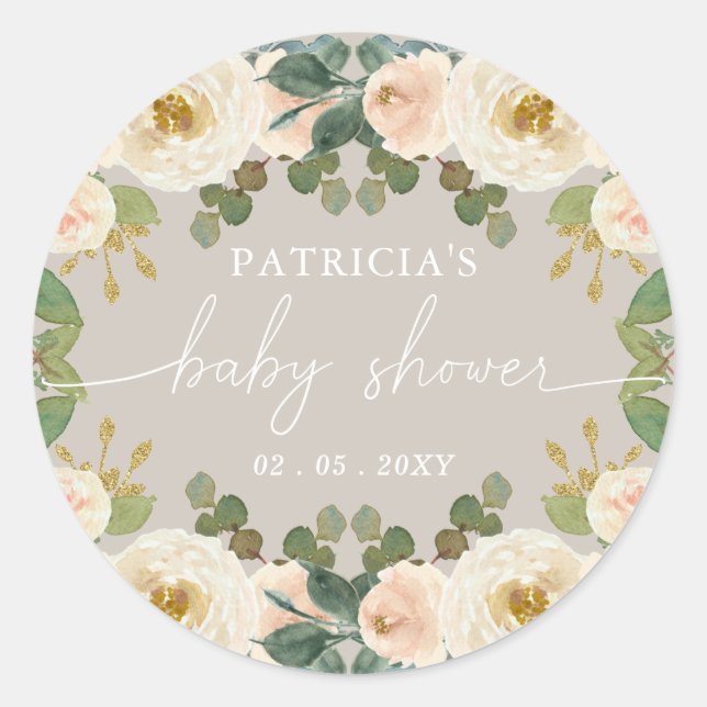 Pegatina Redonda Elegante Taupe Peach Floral Baby Shower (Anverso)