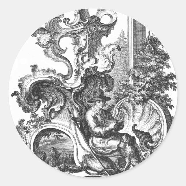 Pegatina Redonda Elegante tela blanca y negra de época (Anverso)