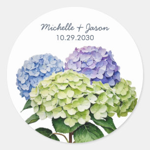 Pegatina Redonda Elegante Tendencia Acuarela Hortensia Floral Boda