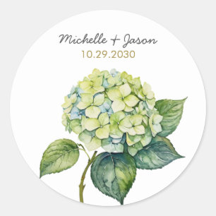 Pegatina Redonda Elegante Tendenza Acuarela Hortensia Floral Boda