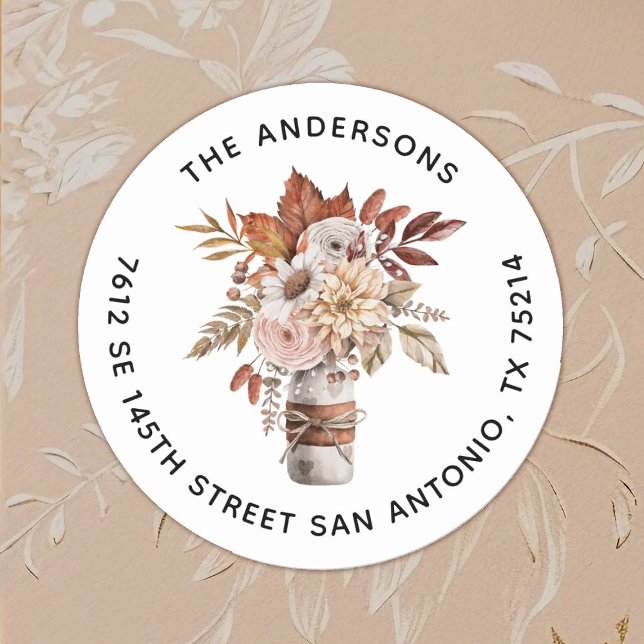 Pegatina Redonda Elegante Terracota acuarela Floral Mason Jar (Elegant Autumn fall wedding return address labels)