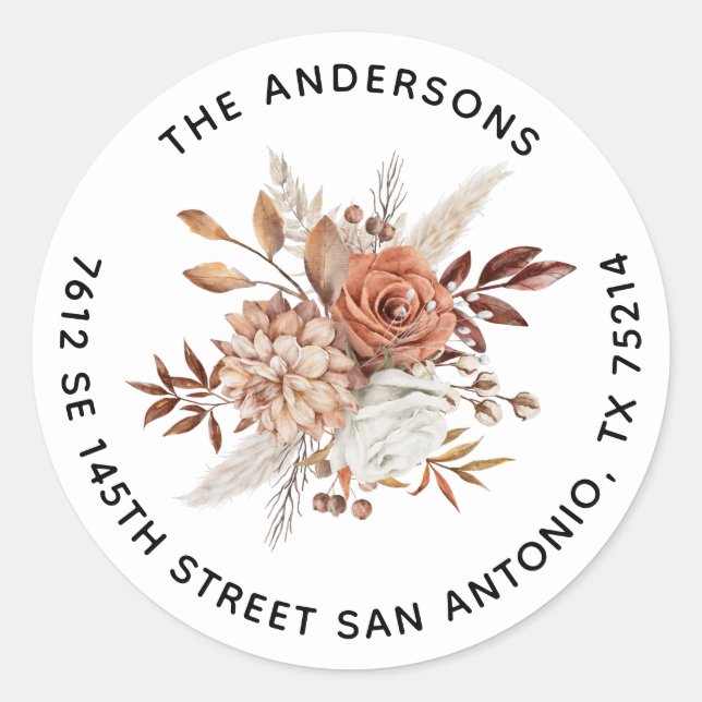 Pegatina Redonda Elegante Terracota Watercolor Floral (Anverso)