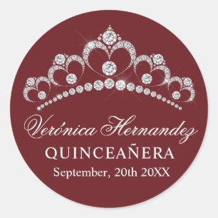 Pegatina Redonda Elegante Tiara Burgundy Quinceañera Española Quinc