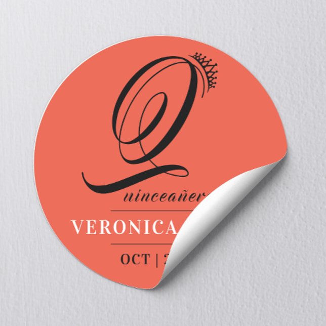 Pegatina Redonda Elegante Tiara Naranja Rojo 15º nombre quinceañera (Subido por el creador)