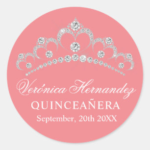 Pegatina Redonda Elegante Tiara Peach Español Quinceañera Quince