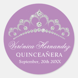 Pegatina Redonda Elegante Tiara Purple Español Quinceañera Quince