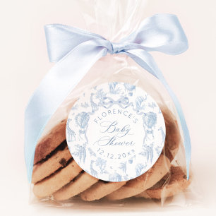 Pegatina Redonda Elegante Toile de Jouy Safari Blue Baby ducha