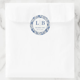 Pegatina Redonda Elegante Toile Floral Azul